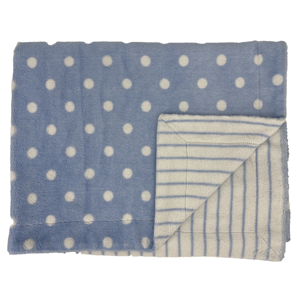 First Impressions Reversible Baby Blanket Plush Blue White Polka Dot Stripe